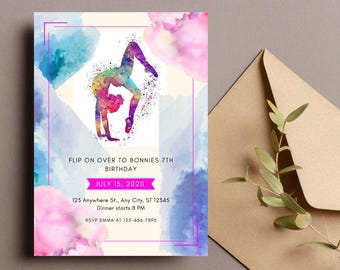 Editable Gymnastics party invitation, Gymnastics Birthday, Water Colour gymnastics  5x7 invites