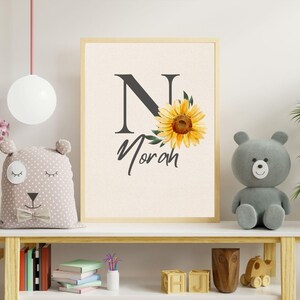 Editable Name and Initial wall art, personalized sunflower wall art