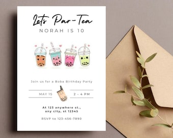 Editable boba party invitation,  bubble tea Birthday,   5x7 invites