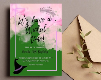 Editable wicked party 5x7 invites, birthday party invite, For Good party invite