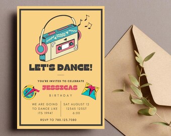 Editable Retro party invitation, 80's, 90's   5x7 invites