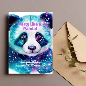 May include: A blue and purple panda with a galaxy background. The text on the invitation reads "Party like a Panda!"  Sunday May 11, 123124 123ave anywhere 3:00-4:00 please RSVP.to Jessica 780.123.4567