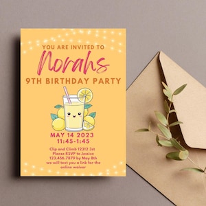 May include: A yellow birthday party invitation with a cartoon lemonade glass with a smiling face. The invitation says "You are invited to Norahs 9th Birthday Party" and includes the date, time, and location of the party.