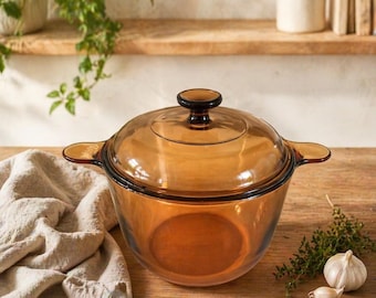Vintage corning vision amber 3.5L Dutch oven made in France 1970's - 80's kitchen non toxic