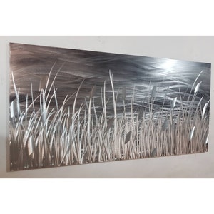 Modern, abstract, contemporary metal wall art by R Toomer Art. Indoor/outdoor. Titled By The Lake. Silver and grey.