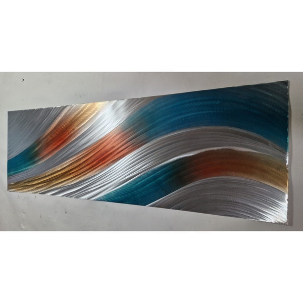 Modern, abstract, contemporary metal wall art, by R Toomer Art. Tempest. Teal, copper, orange and silver. Indoor/Outdoor