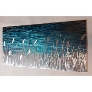 Modern, abstract, contemporary metal wall art by R Toomer Art. Titled By The Lake. Teal, grey and silver. Indoor/Outdoor