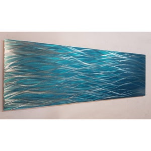 Modern, abstract, contemporary metal wall art, sculpture, 3D effect, by R Toomer Art. Titled Rapids.  Teal and silver