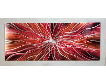 May include: A rectangular metal wall art piece featuring a vibrant radial pattern of swirling lines in shades of deep red, bright crimson, and metallic silver. The design radiates from a central point, creating a dynamic sense of motion.