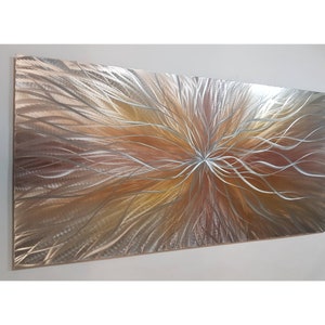 Modern, abstract, metal wall art by R Toomer Art. Indoor/outdoor. Titled Nova. Gold, brown, copper and silver.