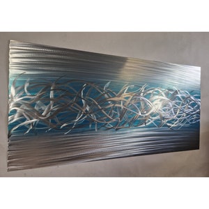 Charged. Modern, abstract, contemporary metal wall art, sculpture, 3D effect, by R Toomer Art. Indoor/outdoor. Silver and teal