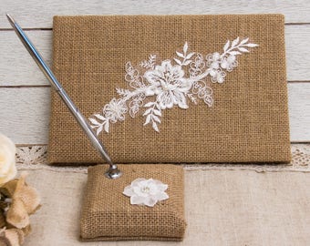 Rustic Guest Book, Burlap and Lace Guest book, Burlap Guest Book, Rustic Wedding Guest Book, Burlap Wedding Guest Book, Pen Holder