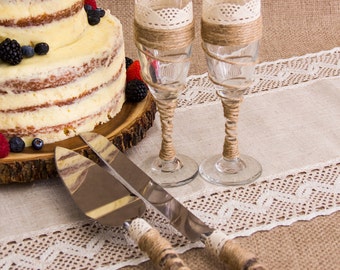 Rustic Wedding Cake Server Set and Wedding Champagne Toasting Flutes, Twine Glasses, Rustic Cake Serving Set