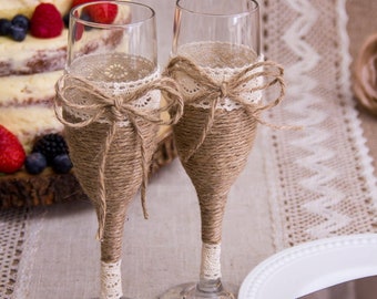 Rustic Wedding Champagne Glasses and cake cutting set.