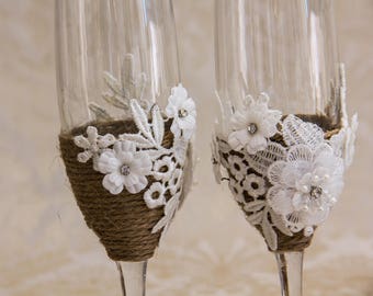 Rustic Wedding Champagne Flutes personalized Twine Wedding Glasses Engraved Champagne Glasses Rustic Wedding Glasses Burlap Glasses