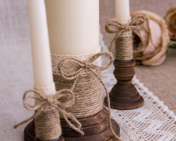Burlap Lace Unity Candle Set Rustic Wedding Candle Set Lace