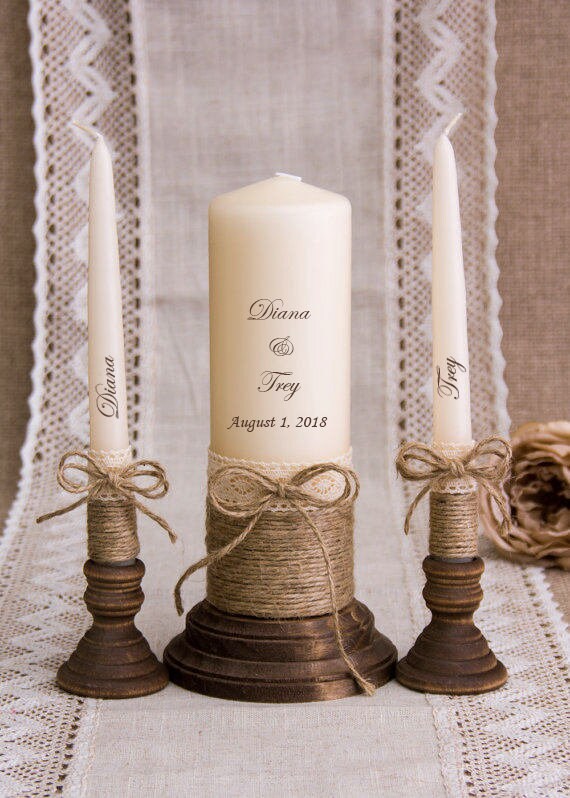 Burlap Lace Unity Candle Set Personalized Wedding Candle Set