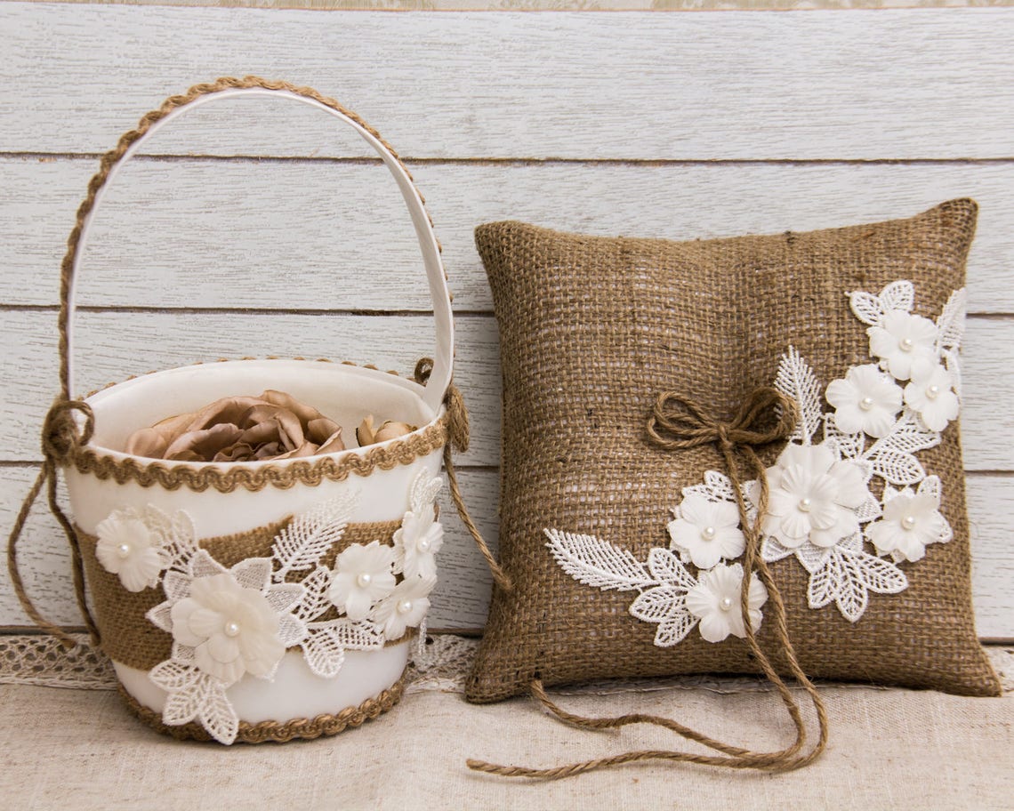 Burlap Flower Girl Basket Set Ring Pillow Rustic Flower Girl Etsy