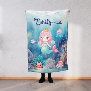 Personalized Mermaid Custom Name Mermaid Tail, Underwater Theme Blanket for Kids Nursery Fleece for Newborn, Minky or Sherpa M1