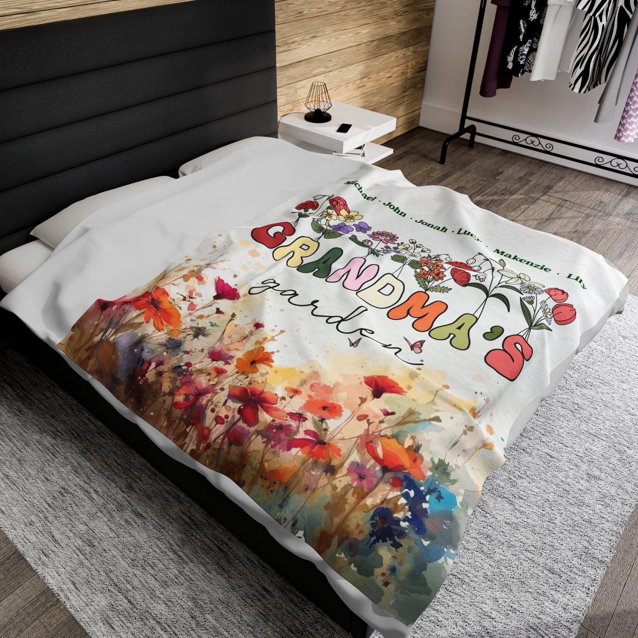 Grandma's Garden Blanket | Birth Flower Bouquet Throw | Custom Text Mother's Day Gift with Kids' or Grandchildren's Names