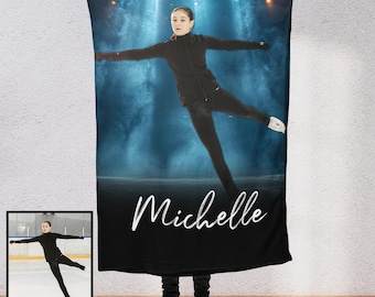Ice Skating Blanket Custom Photo Personalized Name / Text Ice Skater Figure Skate Dancer Upload Your Photo Team Gift for Girls Boys Teen IC1