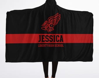 Custom Track   Field Hooded Blanket Sherpa, Personalized Name, Run Shoes with Wings, Running Sports School Team End of Season Gift for Runne