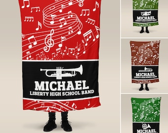 Custom Music Blanket, Marching Band, Orchestra, Personalized Name, Color, School, Instrument, Trumpet, Clarinet, Tuba, Violine and More  S11