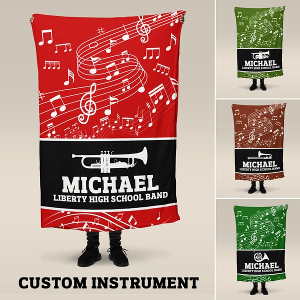 Custom Music Blanket, Marching Band, Orchestra, Personalized Name, Color, School, Instrument, Trumpet, Clarinet, Tuba, Violine and More  S11