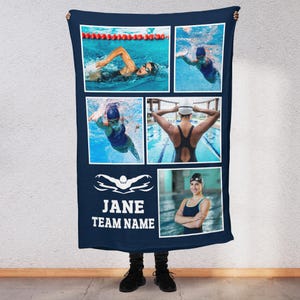 Custom Photo Personalized Swimming Blanket, Custom Name Swimmer, End of Year Spirit Wear for Swim Athlete, Mom, Team Name, Photo Collage SW3