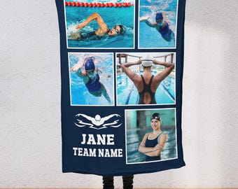 Custom Photo Personalized Swimming Blanket, Custom Name Swimmer, End of Year Spirit Wear for Swim Athlete, Mom, Team Name, Photo Collage SW3