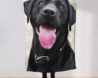 May include: A black Labrador Retriever with a pink tongue sticking out, looking directly at the camera. The dog is wearing a black collar with a silver buckle.