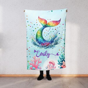 Custom Name Mermaid Tail, Underwater Theme, Personalized Blanket for Kids Nursery Fleece for Newborn, Minky or Sherpa M1