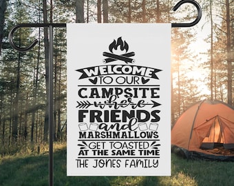 Campsite Garden Banner: Family Welcome Sign, Outdoor Decor, Camping Vibes, Friends & Marshmallows, Personalized Garden Flag