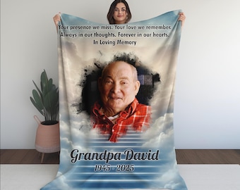 Personalized Memorial Blanket  A Hug From Heaven, Custom Photo Remembrance Blanket, Loss of Family, Grandpa, Grandma Sympathy Keepsake MR2