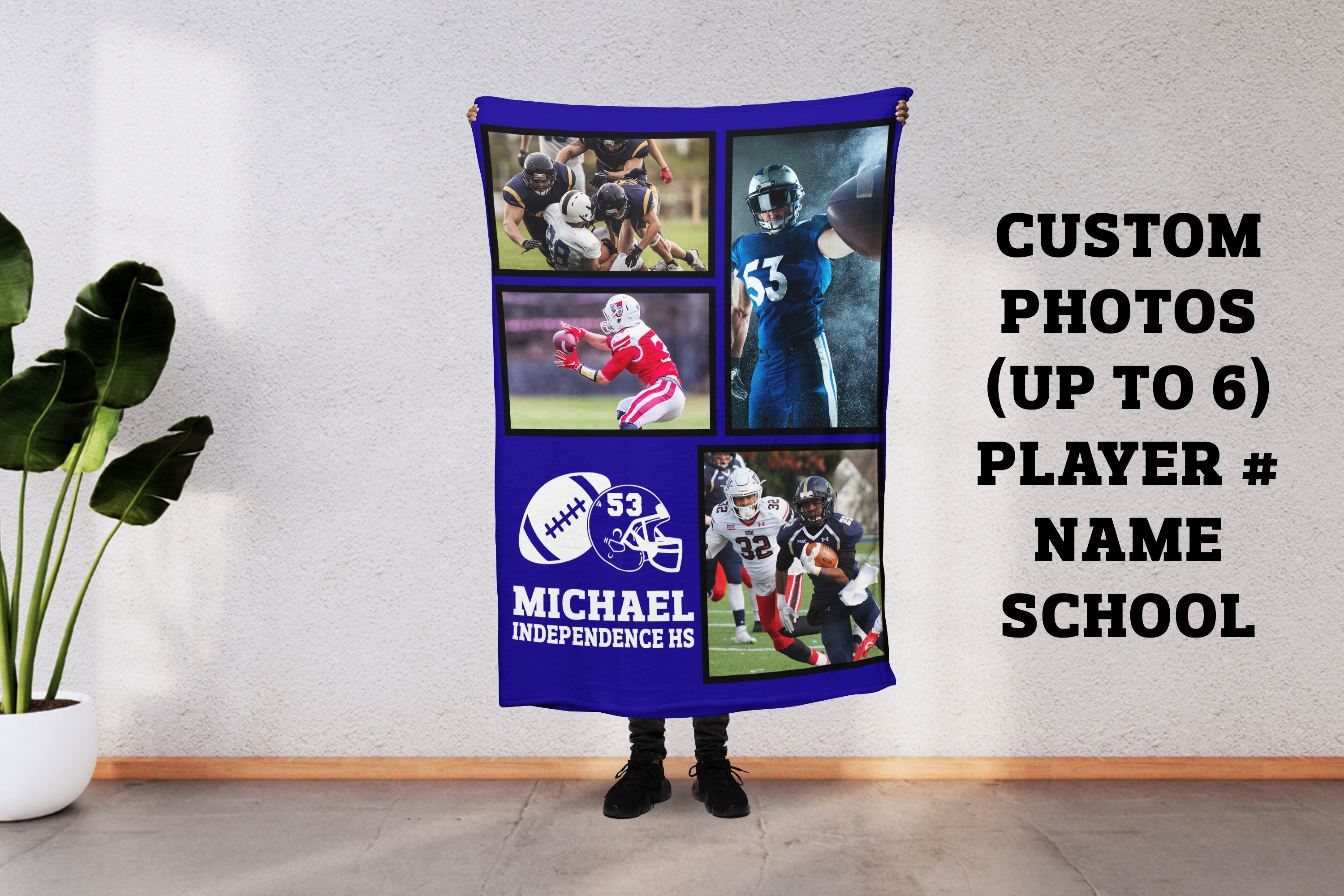 Custom Photo Football Stadium Blanket, Personalized Name, Number, Color Sports, End of Year Senior Gift Award, Spirit Wear, Memory S17