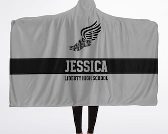 Custom Track & Field Hooded Blanket Sherpa, Personalized Name, Run Shoes with Wings, Running Sports School Team End of Season Gift TBH2