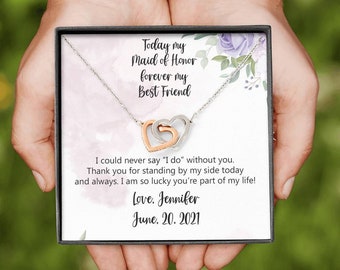 Maid of Honor gift necklace bridesmaid present idea, wedding day gift for MOH custom name personalize message card