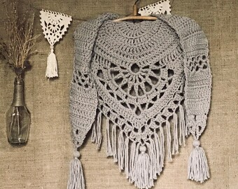 Traveller Grey Scarf Crochet Pattern | Advanced Crochet Scarf Pattern | Triangle Crochet Scarf Pattern | Crochet Triangle Scarf with Fringe