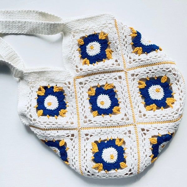 Ukrainian Flowers Tote Bag | Ukrainian Style Bags | Tote bag crochet pattern from granny squares in Ukrainian Style