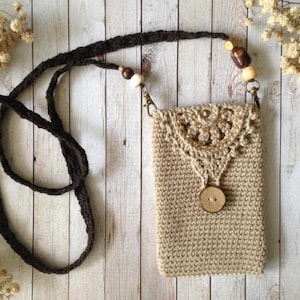 Sac de téléphone bohème chic au crochet, modèle PDF - Sac à bandoulière pour téléphone portable - Modèle de pochette au crochet intermédiaire - Étui de téléphone en coton au crochet avec tableau
