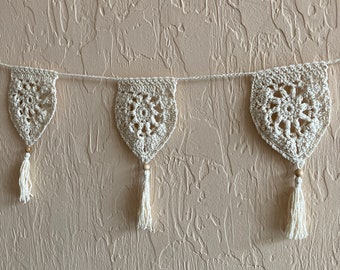 Bohemian Crocheted Garland with wooden beads and tassels