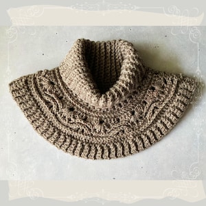 Può includere: Un collo a scialle in crochet marrone con un ampio collo aperto e un delicato motivo traforato.