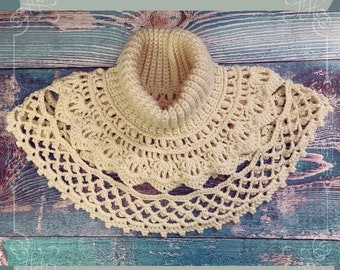 The Celestial Cowl Crochet Pattern: written crochet pattern for a women neckwarmer with an extended lace part, two sizes available