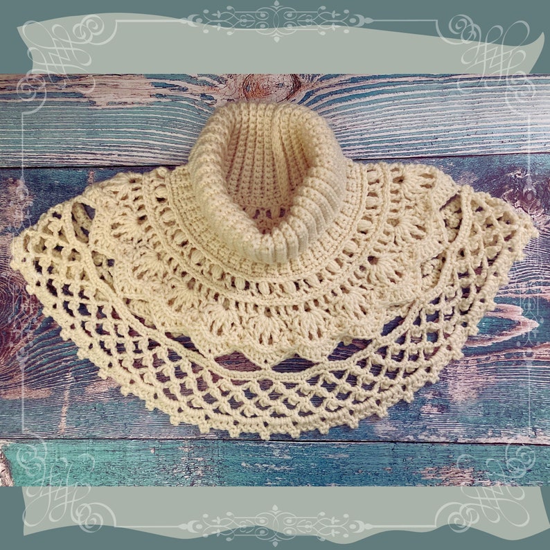 The Celestial Cowl Crochet Pattern: written crochet pattern for a women neckwarmer with an extended lace part, two sizes available image 1