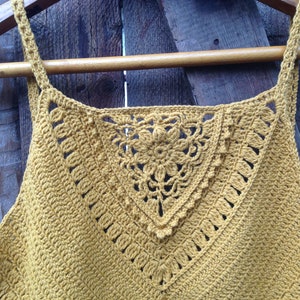 Sleeveless crochet tank top in mustard