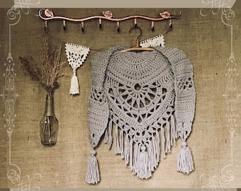 Traveller Grey Scarf Crochet Pattern | Advanced Crochet Scarf Pattern | Triangle Crochet Scarf Pattern | Crochet Triangle Scarf with Fringe