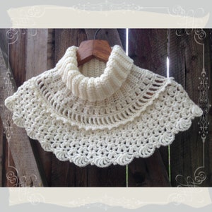 The Librarian Cowl Crochet Pattern: written crochet pattern for one size women neckwarmer with an extended lace part and intricate details