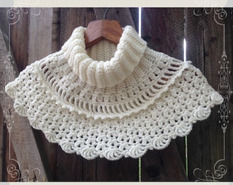 The Librarian Cowl Crochet Pattern: written crochet pattern for one size women neckwarmer with an extended lace part and intricate details