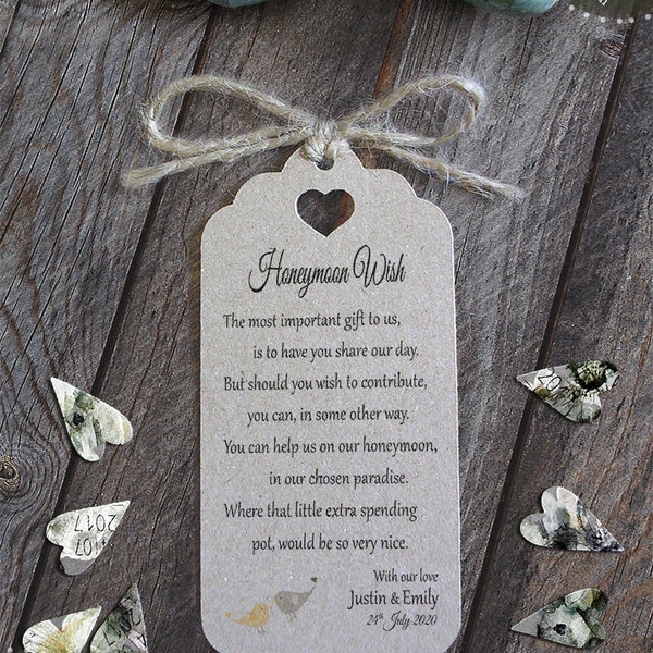 Honeymoon Wish Personalised Wedding Card Favour Tags - Lovebirds Traditional Brown Card
