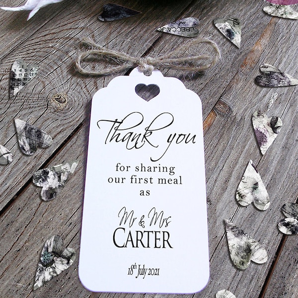 First Meal Thank You Personalised  Wedding Favour Napkin Card Tags - Contemporary Plain FMhPSm